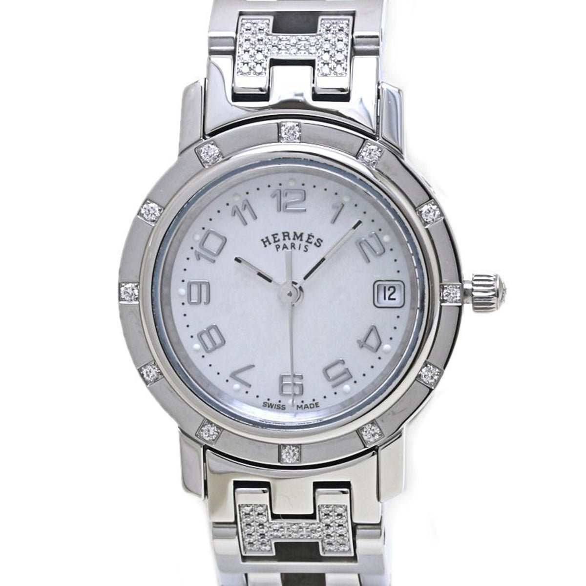 Pre-Owned HERMES Clipper Nakre 12-Piece Bezel with Diamond Bracelet, Women's Watch, CL4.230.212 3825, New Stainless Steel Buckle, 40048