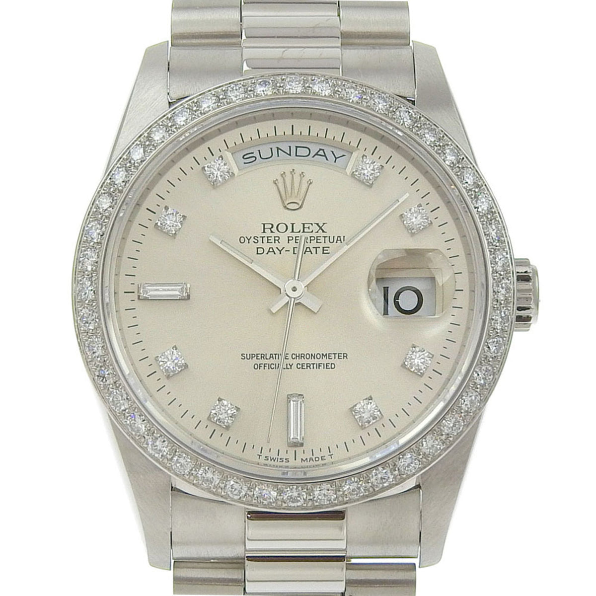 Gebrauchte Rolex Day-Date 18346A W, Seriennummer ca. 1995, silbernes Zifferblatt, Lünette mit Diamanten, echt 10P Pt900, 176,5 g 