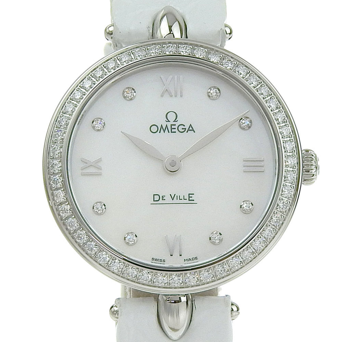 Gebrauchte OMEGA Dou Drop Uhr De Ville 8P Diamant 424.18.27.60.55.001 Edelstahl x geprägtes Leder Quarz Analoganzeige weißes Muschelzifferblatt Damen H112725184 