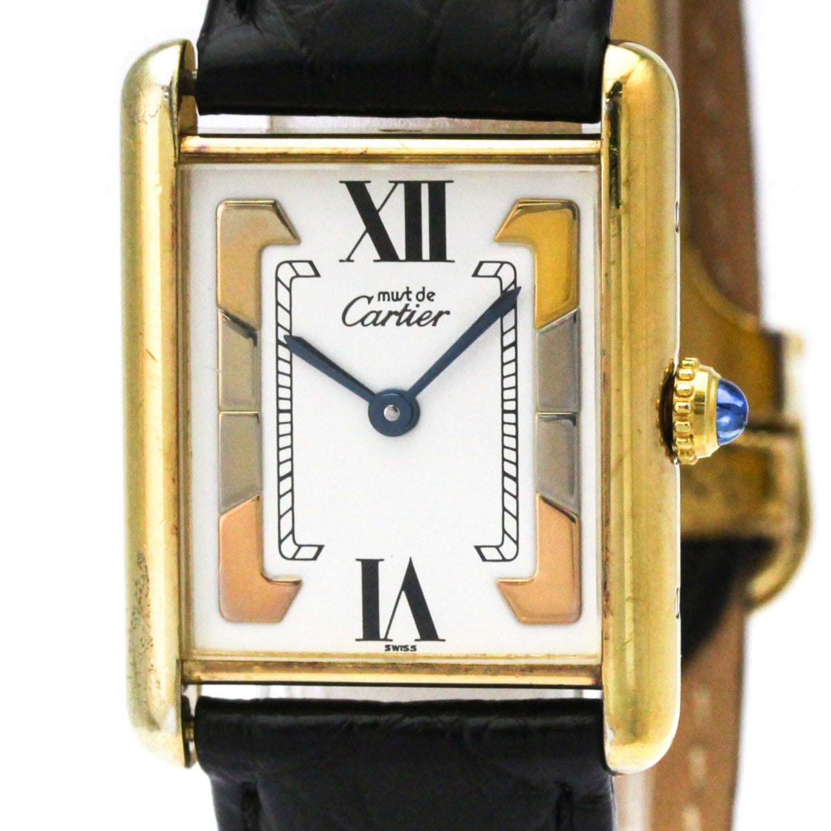 Pre-Owned CARTIER Tank Vermeil Gold Plated Leater Quartz Mens Watch 590005
