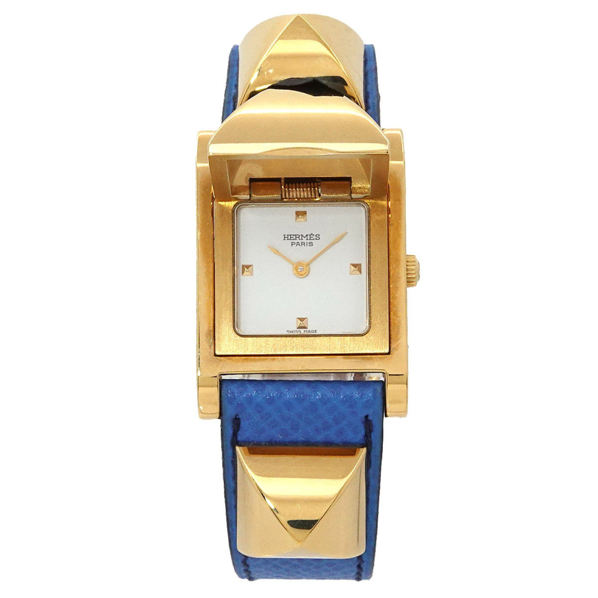 Pre-Owned Herm?s Medor Women's Pyramid Gold Stud Watch with White and Blue Leather Quartz Movement