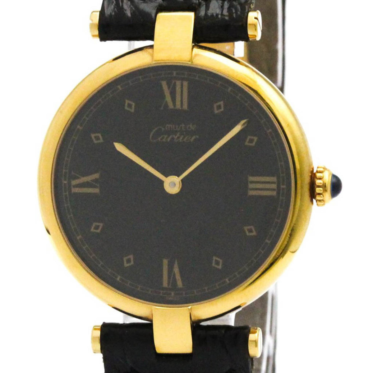 Gebrauchte CARTIER Must Vendome vergoldete Leder-Quarz-Unisex-Uhr 590003 