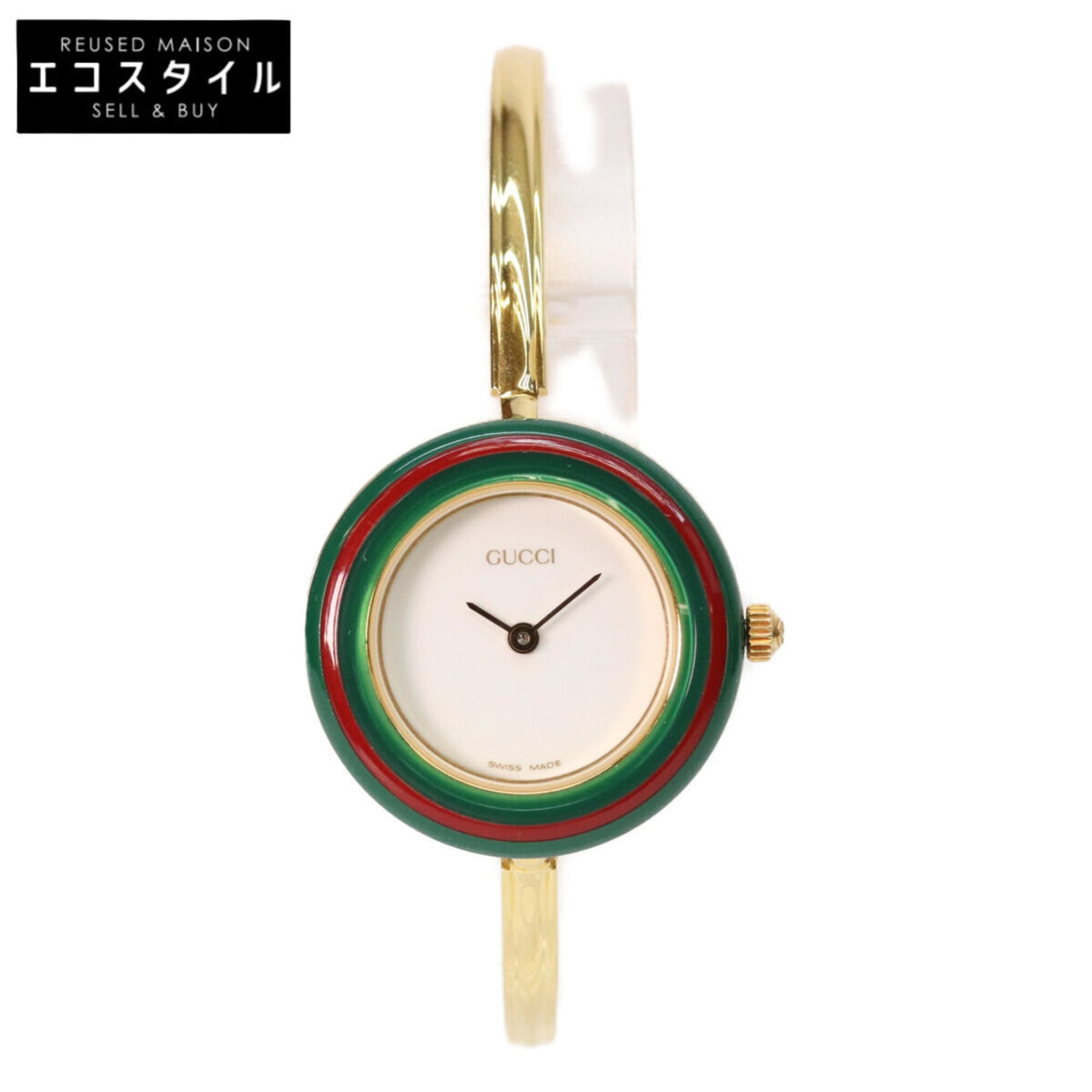 Pre-Owned GUCCI 1100L 11 12.2 Change Bezel Bangle Watch, Medium Size, Quartz, Gold, White Dial, Women's Watch