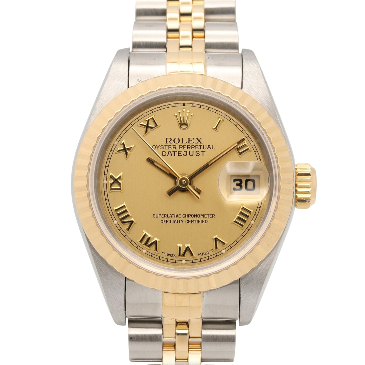 Pre-Owned Rolex Datejust S-series watch, 18K (yellow gold) stainless steel, ladies', gold-tone champagne color, Roman numerals, 69173