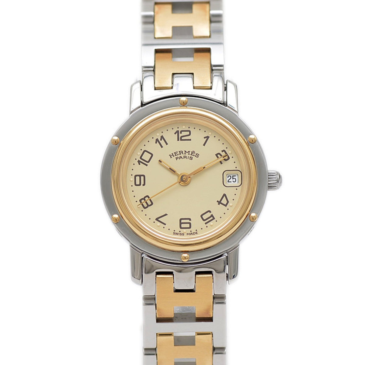 Pre-Owned Herm?s Clipper Women's Two-Tone Watch with White Dial, Stainless Steel, 18K Yellow Gold, Quartz Movement, CL4.220