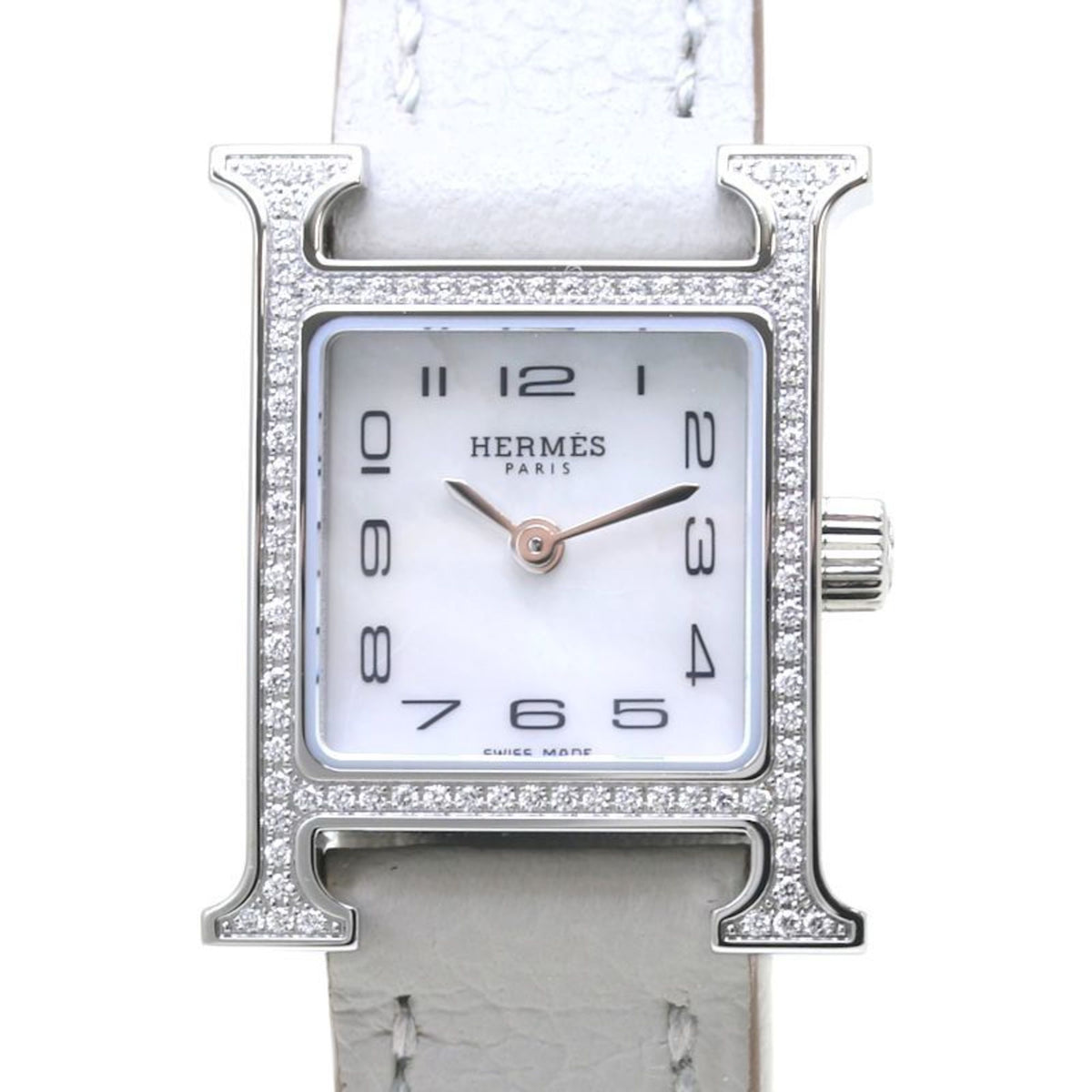 Gebrauchte HERMES H Uhr Mini Lünette Diamant HH1.131.286 W05500WW00 Edelstahl x Chevre Damen 39866 Armbanduhr 