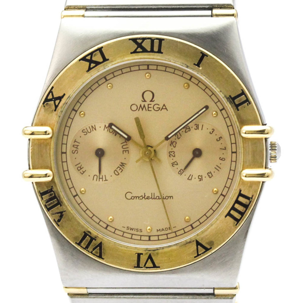 Pre-Owned OMEGA Constellation Day Date 18K Gold Steel Quartz Mens Watch 396.1070 Polished