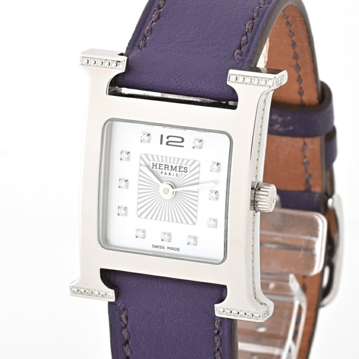 Gebrauchte Hermes HERMES H Uhr PM 25mm HH1.238 Shell White Quartz Armbanduhr Bandanstoß und Gehäuseseite Diamanten E-156583 