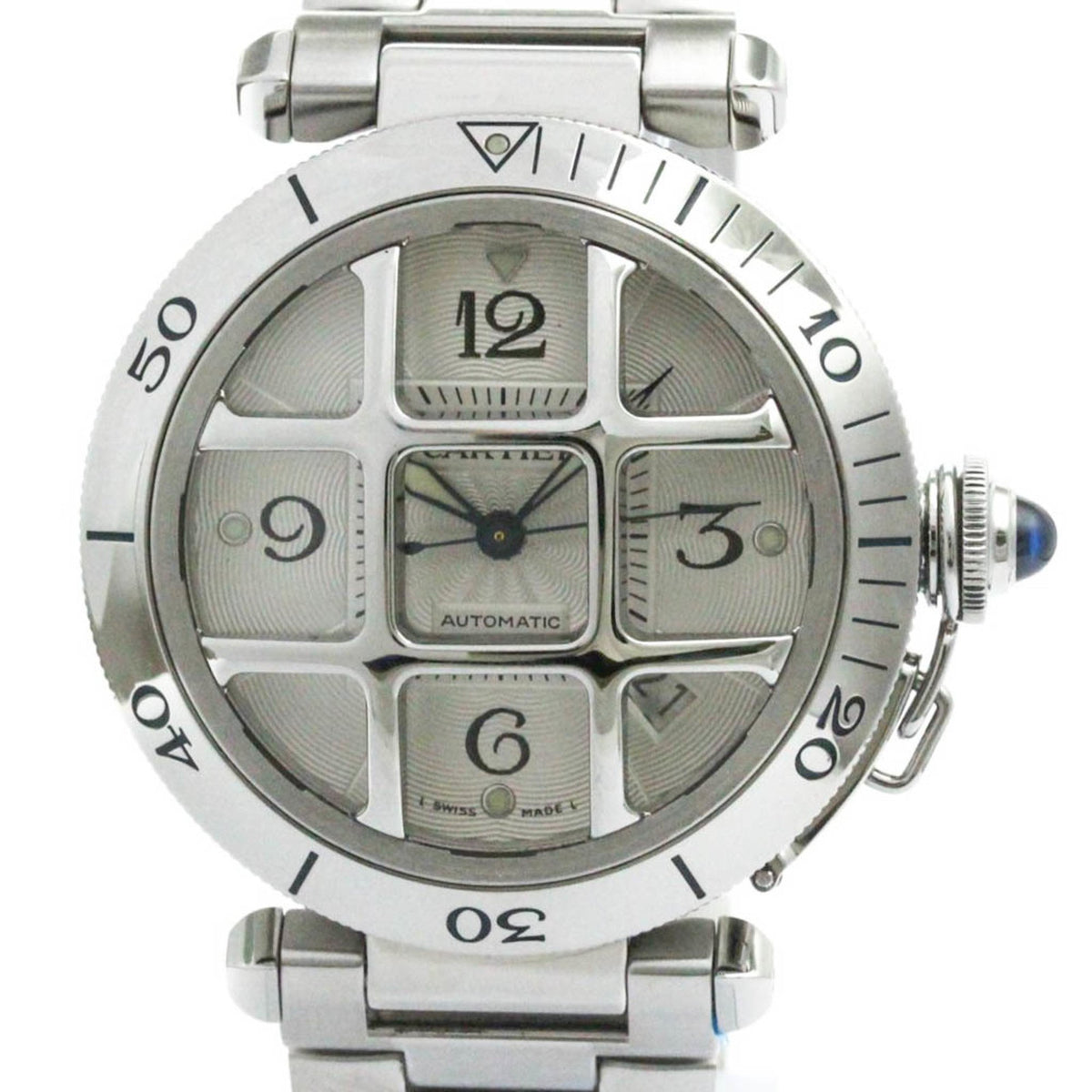 Gebrauchte, polierte Cartier Pasha 38 Grid Steel Automatik-Herrenuhr W31059H3 BF580579 