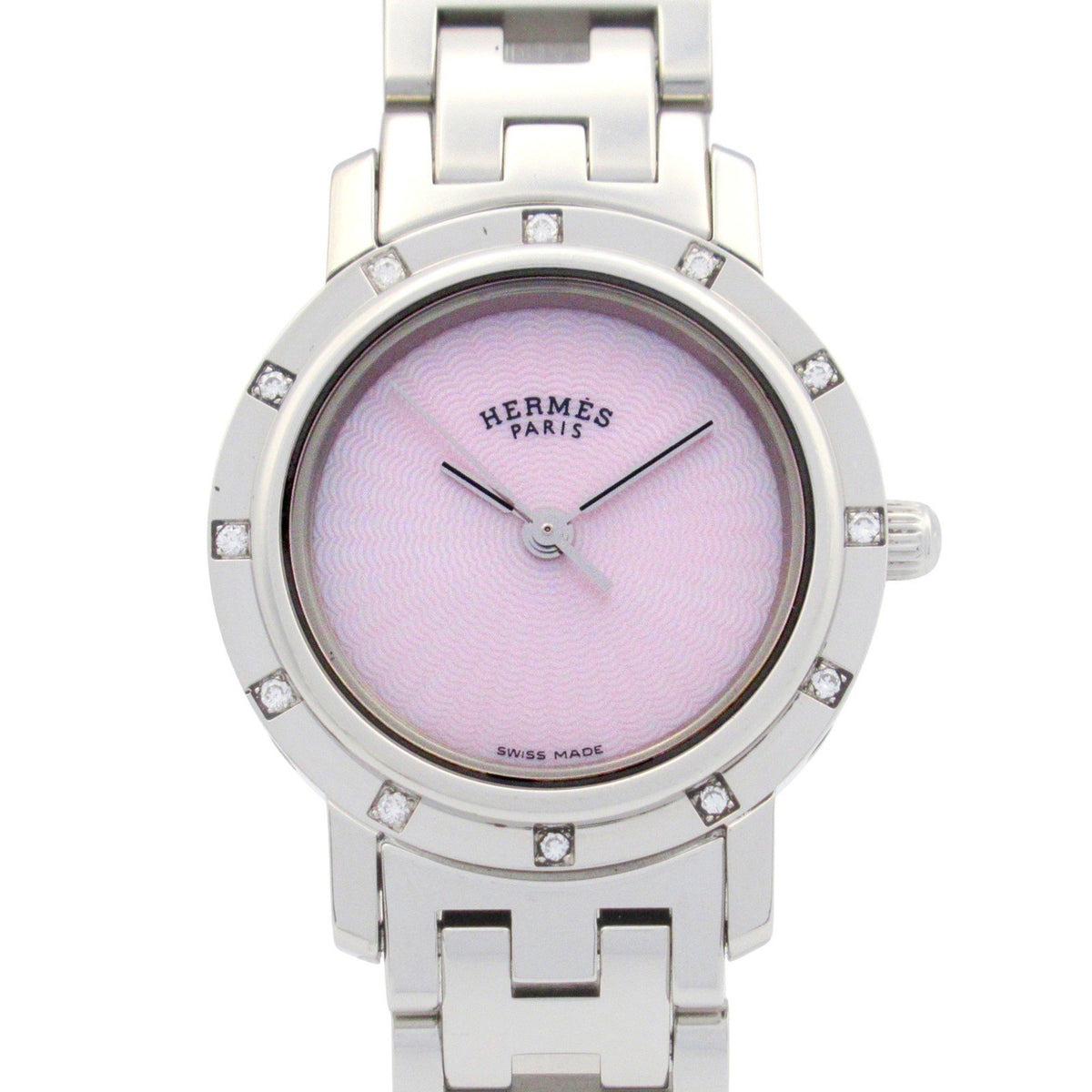 Gebrauchte Hermes Clipper Nacle Diamant Lünette Uhr Edelstahl Damen Rosa Shell CL4.230 