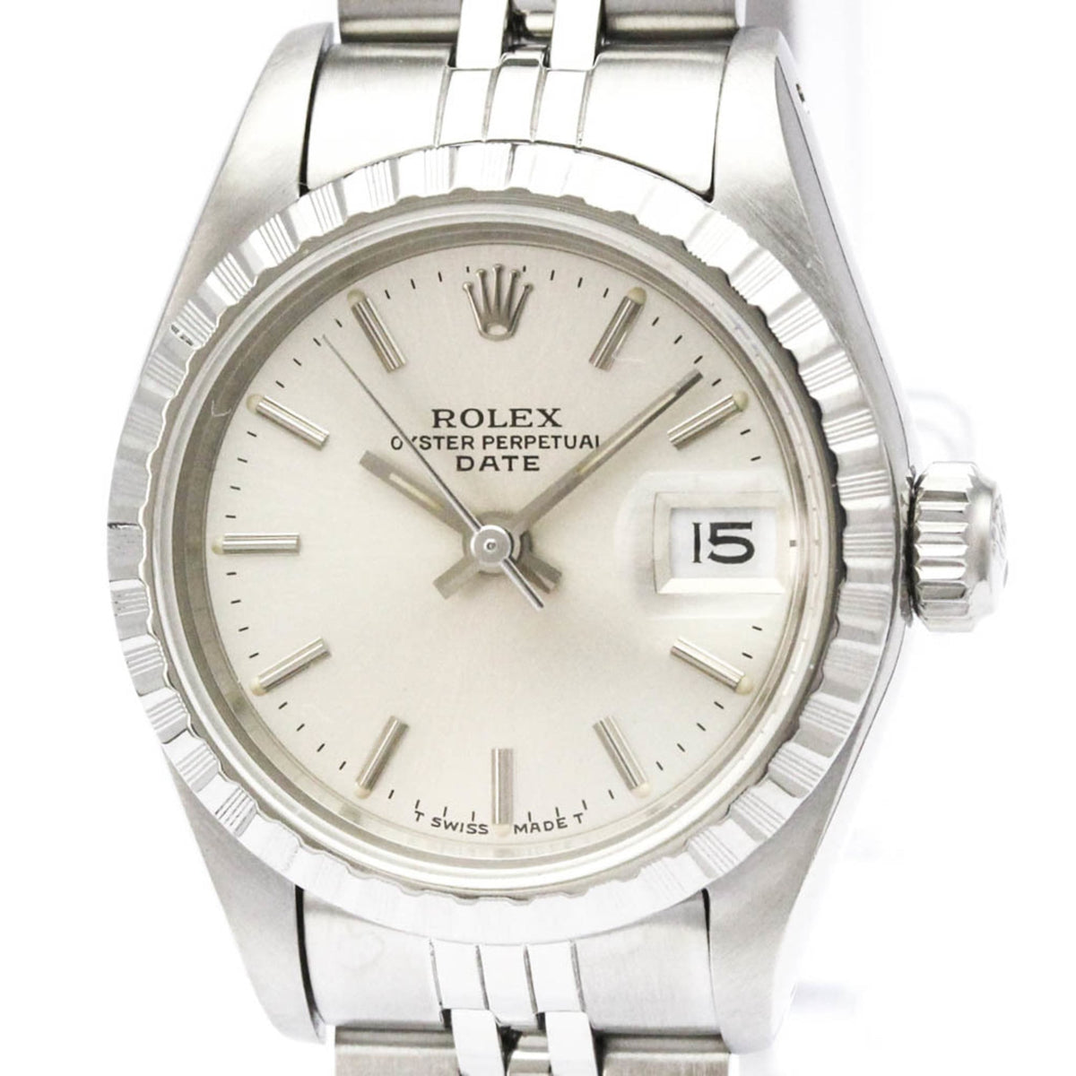 Pre-Owned ROLEX Oyster Perpetual Date 69240 18K White Gold Steel Automatic Watch Polished
