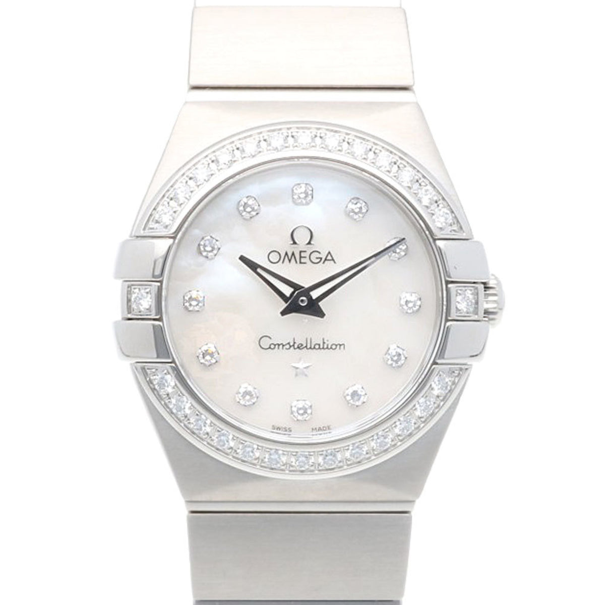 Pre-Owned Omega Constellation watch, stainless steel, 12315246055001, quartz movement, re-polished, 91340XXX, women's, white shell, 12-piece diamond bezel.