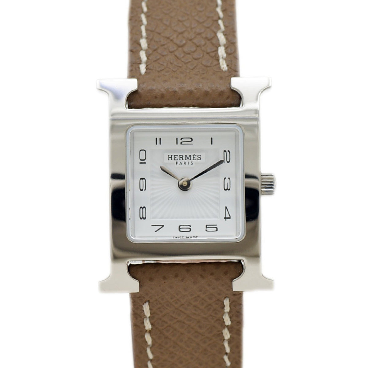 Pre-Owned Herm?s H Watch PM Women's White Dial Wristwatch with Silver Hardware and Leather Strap, Quartz Movement, HH1.201