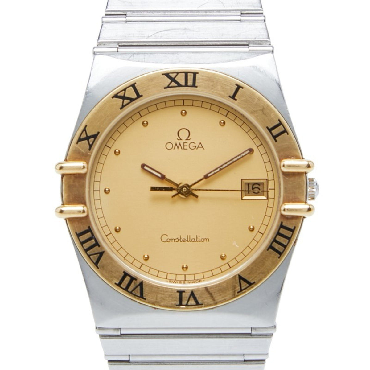 Pre-Owned Omega Constellation Quartz Watch with Gold Dial, Stainless Steel, and Yellow Gold, for Boys