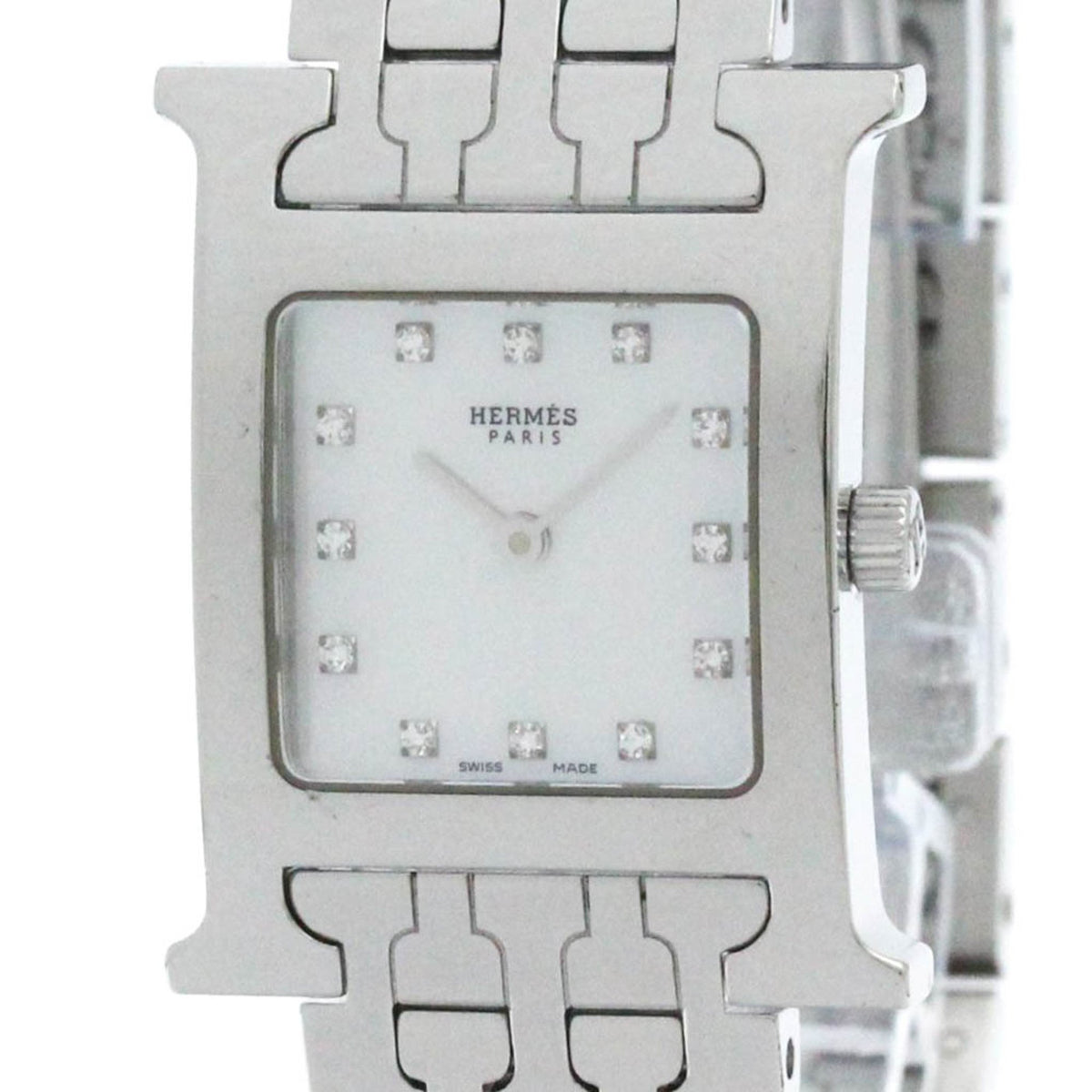 Gebrauchte polierte HERMES H-Uhr mit Diamant-MOP-Zifferblatt, Stahl-Quarzuhr HH1.210 BF582432 