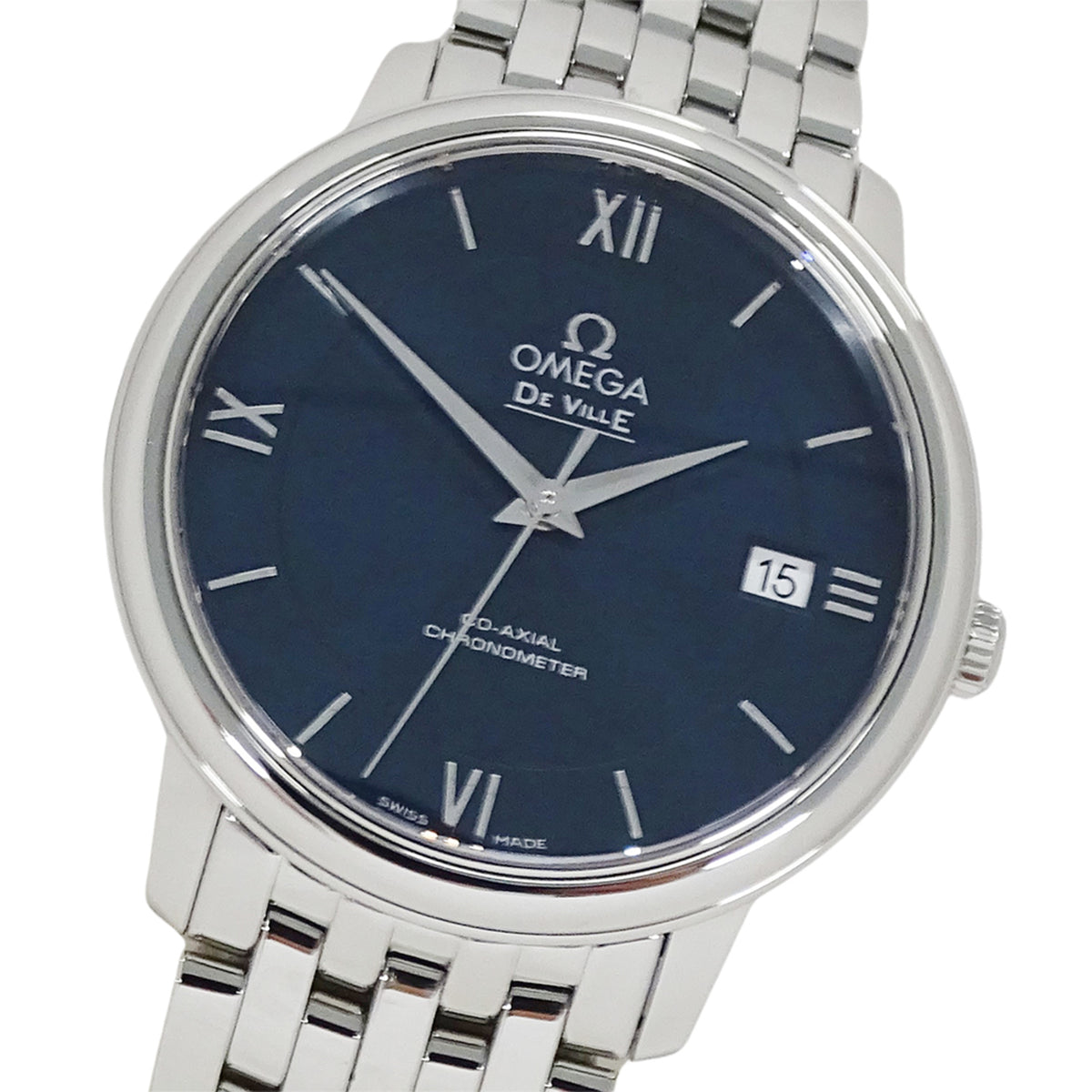 Pre-Owned OMEGA De Ville Prestige 424.10.37.20.03.001 Men's Co-Axial Date Automatic Watch in Stainless Steel with Silver and Blue Polished Finish