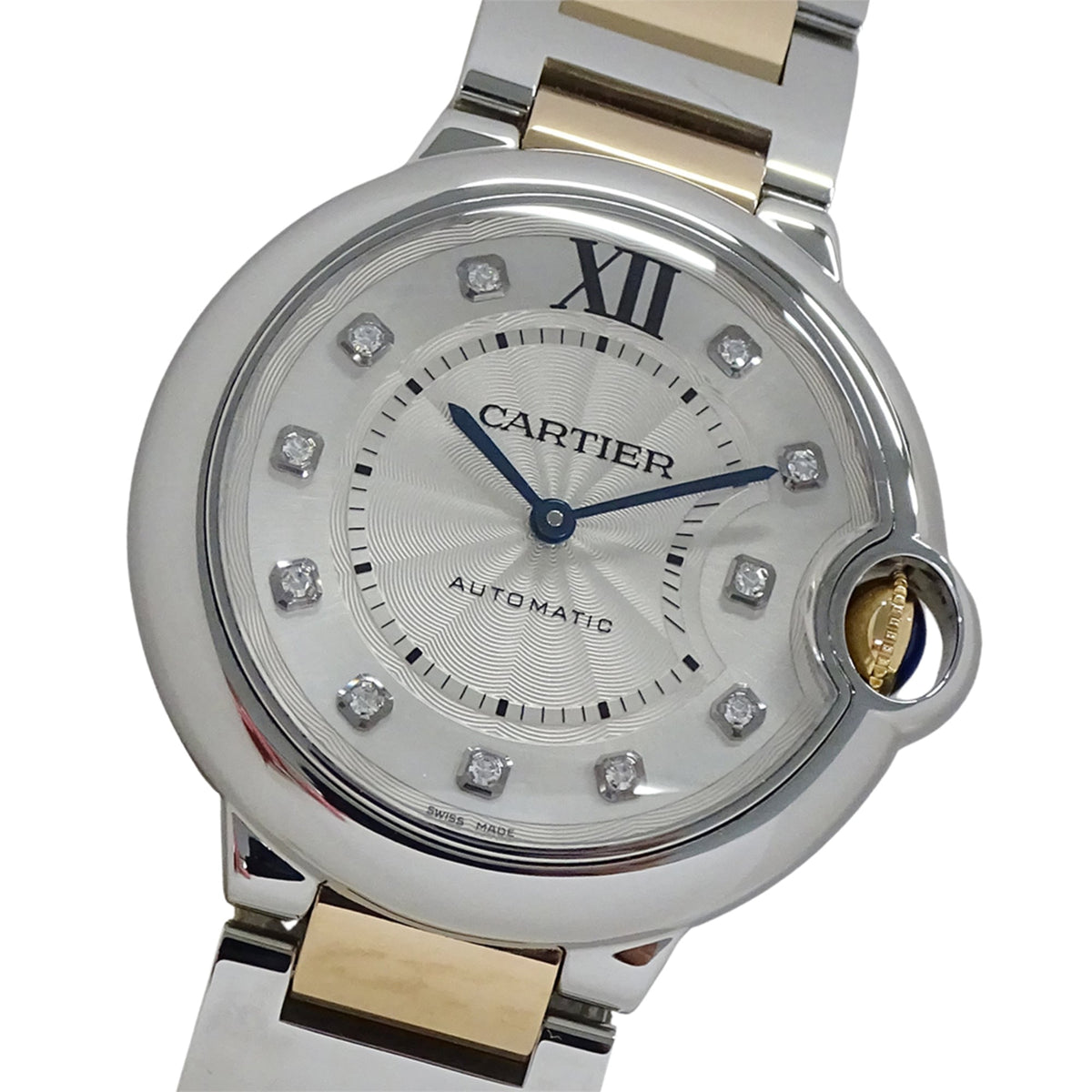 Pre-Owned Cartier Ballon Bleu automatic watch for boys, 11 diamonds, stainless steel (SS) and pink gold (PG), model number WE902031.