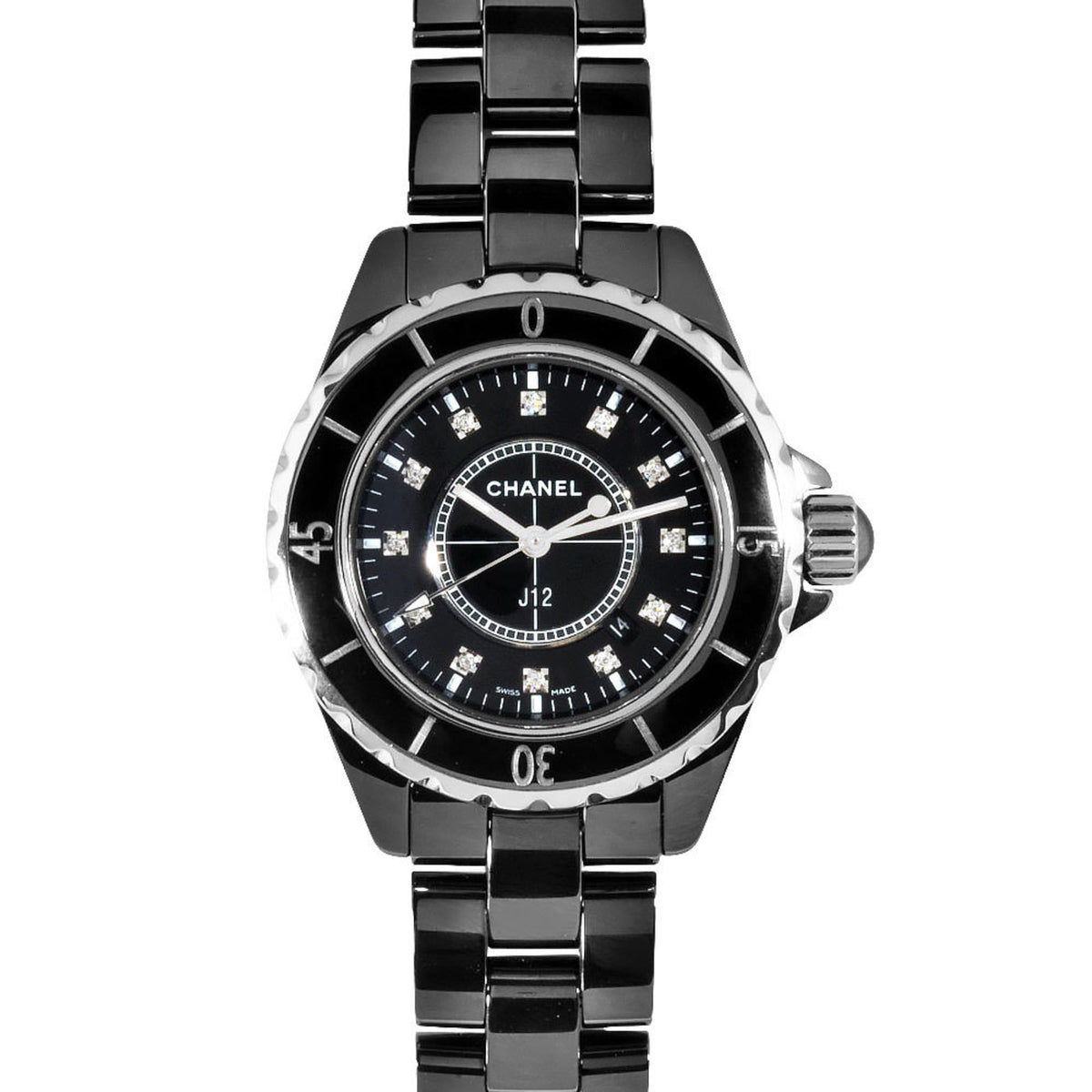 Gebrauchte CHANEL H1625 J12 Uhr Quarz Schwarzes Zifferblatt 12P Diamant Keramik 33mm Damen 