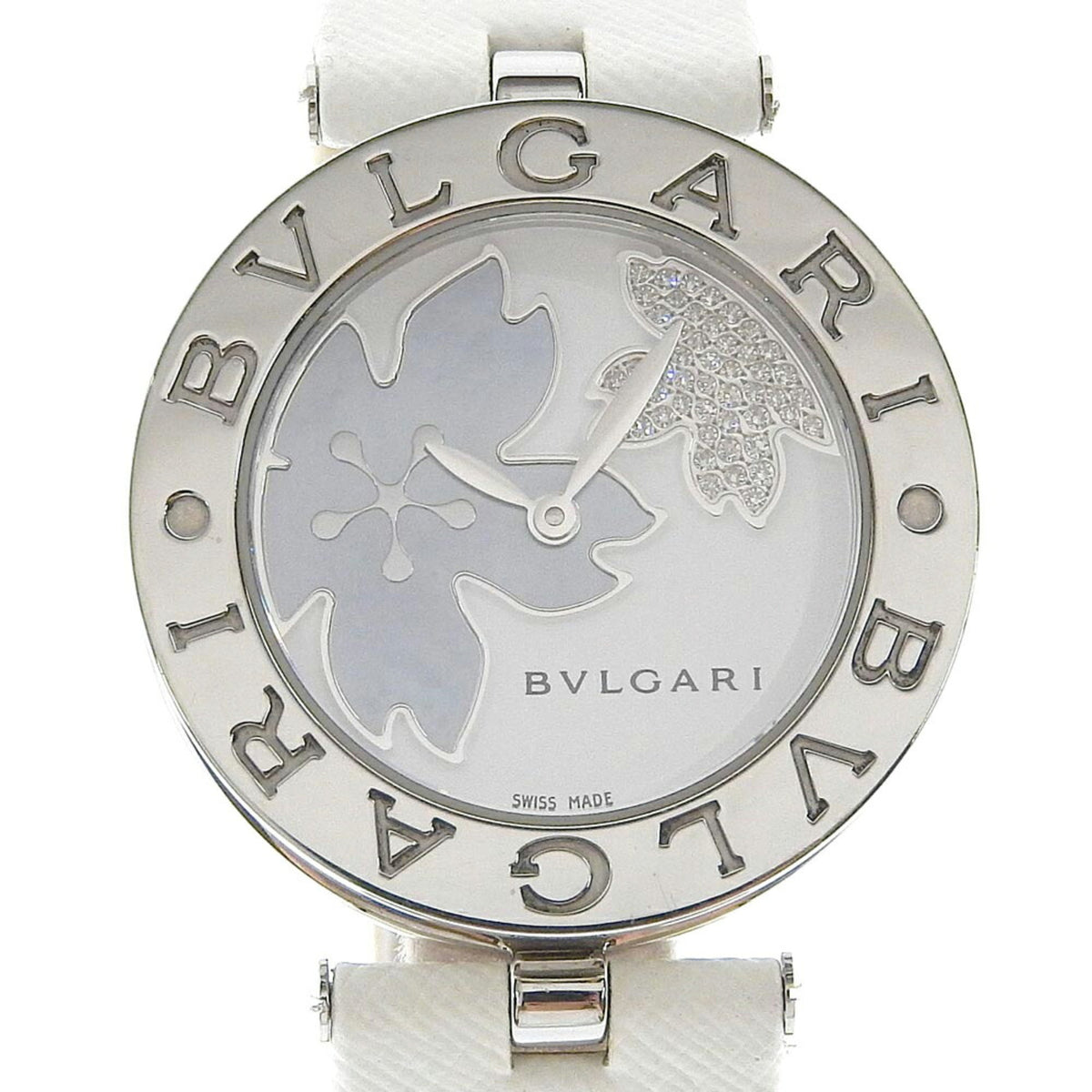 Gebrauchte BVLGARI B-zero1 Uhr BZ30FDSL Edelstahl x Leder Blumenquarz Analoganzeige Weißes Muschelzifferblatt Damen 