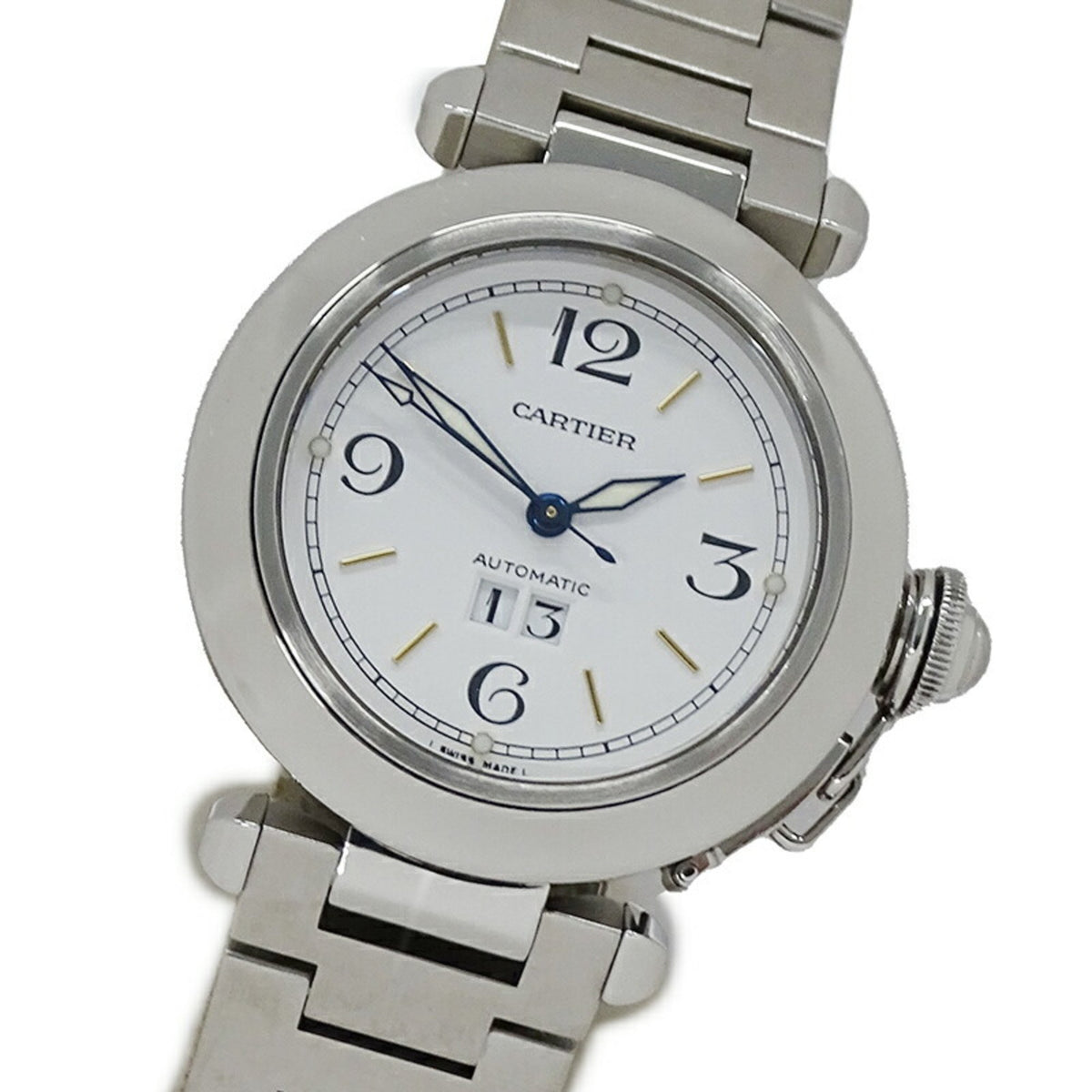 Gebrauchte Cartier Pasha C Big Date Automatikuhr für Jungen AT Edelstahl SS W31044M7 Silber Weiß Poliert 