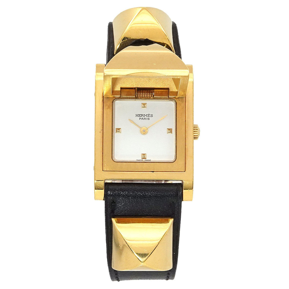 Pre-Owned Herm?s Medor Women's Pyramid Gold Stud Watch in White and Black Leather with Quartz Movement