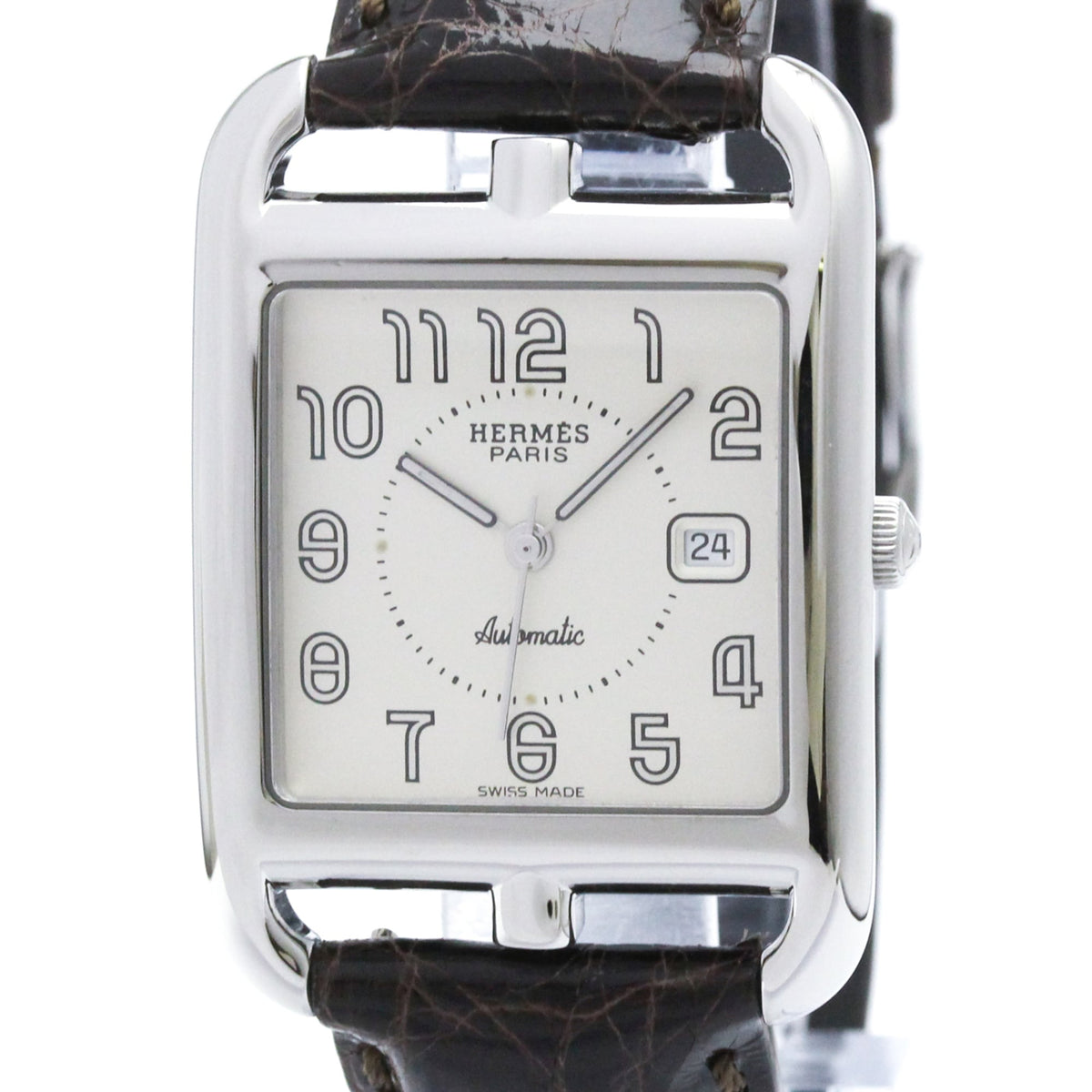 Pre-Owned HERMES Cape Cod Steel Leather Automatic Mens Watch CC1.710 Polished