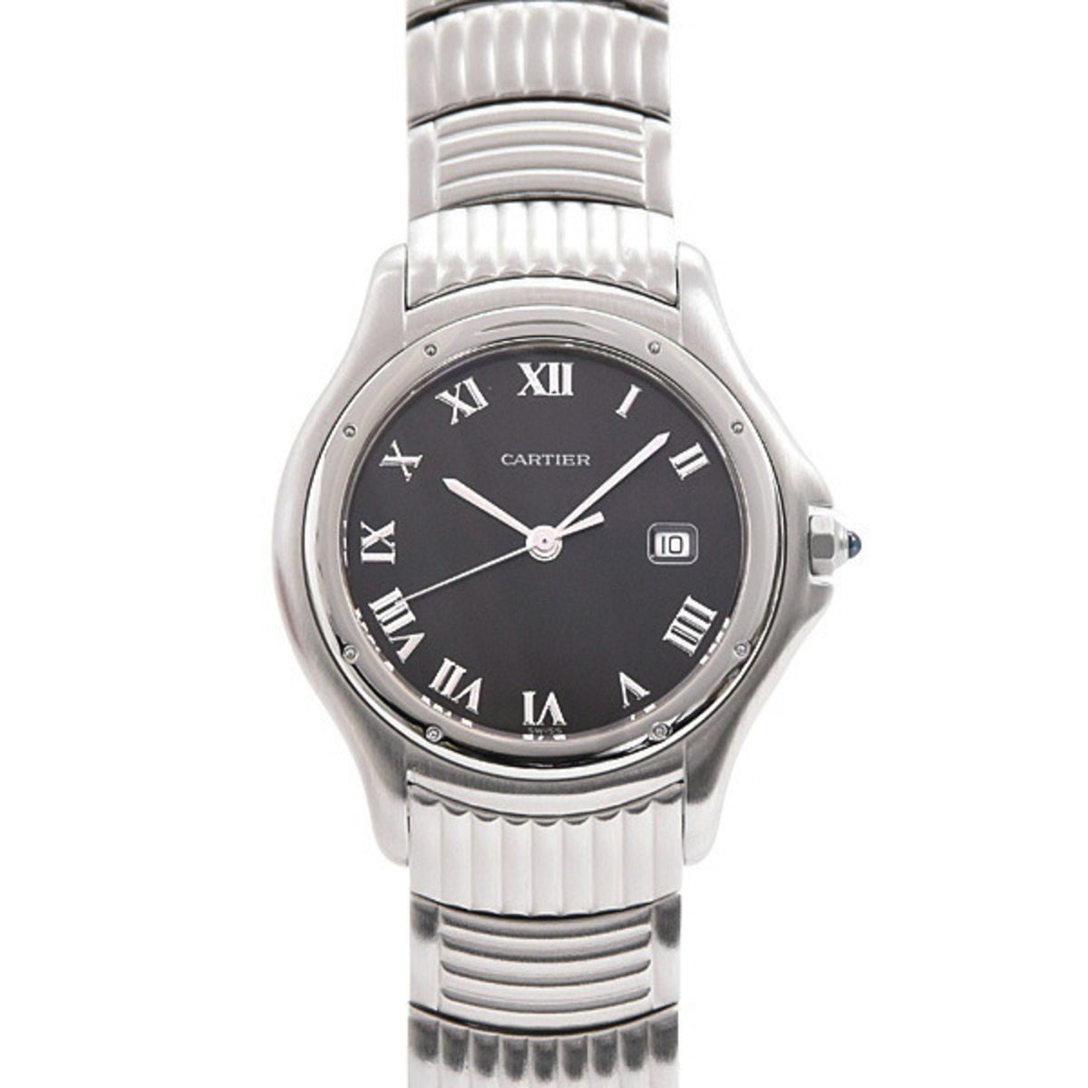 Gebrauchte Cartier Uhren für Damen und Herren, Panthere Cougar LM, schwarzes Zifferblatt, batteriebetrieben, Edelstahl, W35016F8 SS 