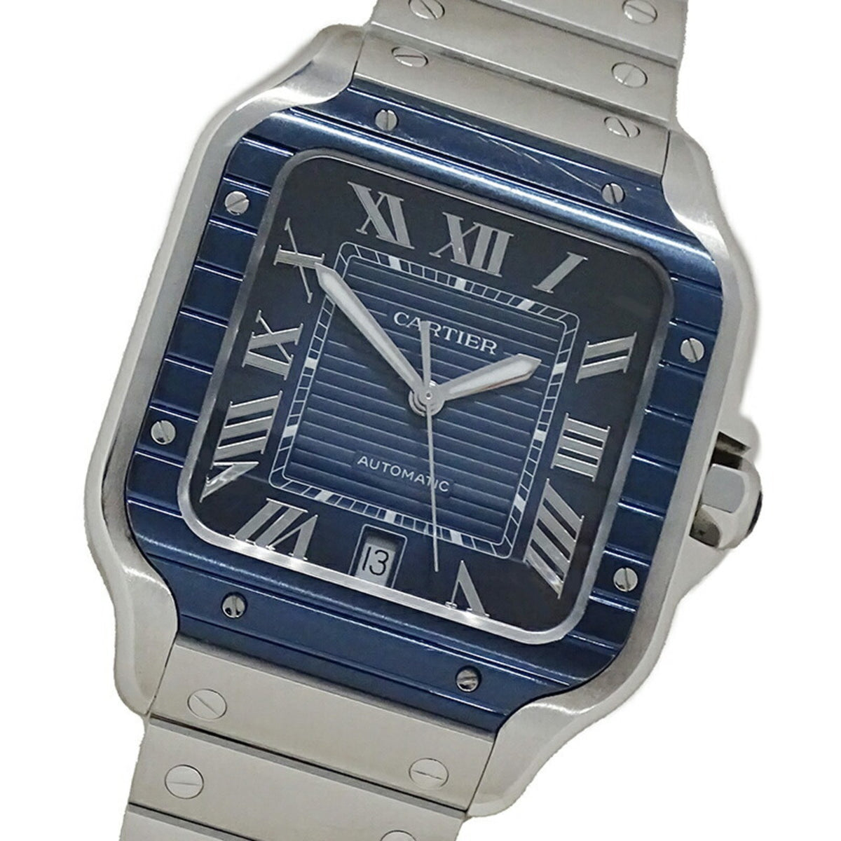 Gebrauchte Cartier Herrenuhr Santos de LM Date Automatic AT Edelstahl SS WSSA0048 Silber Blau Ersatzband inklusive Poliert 