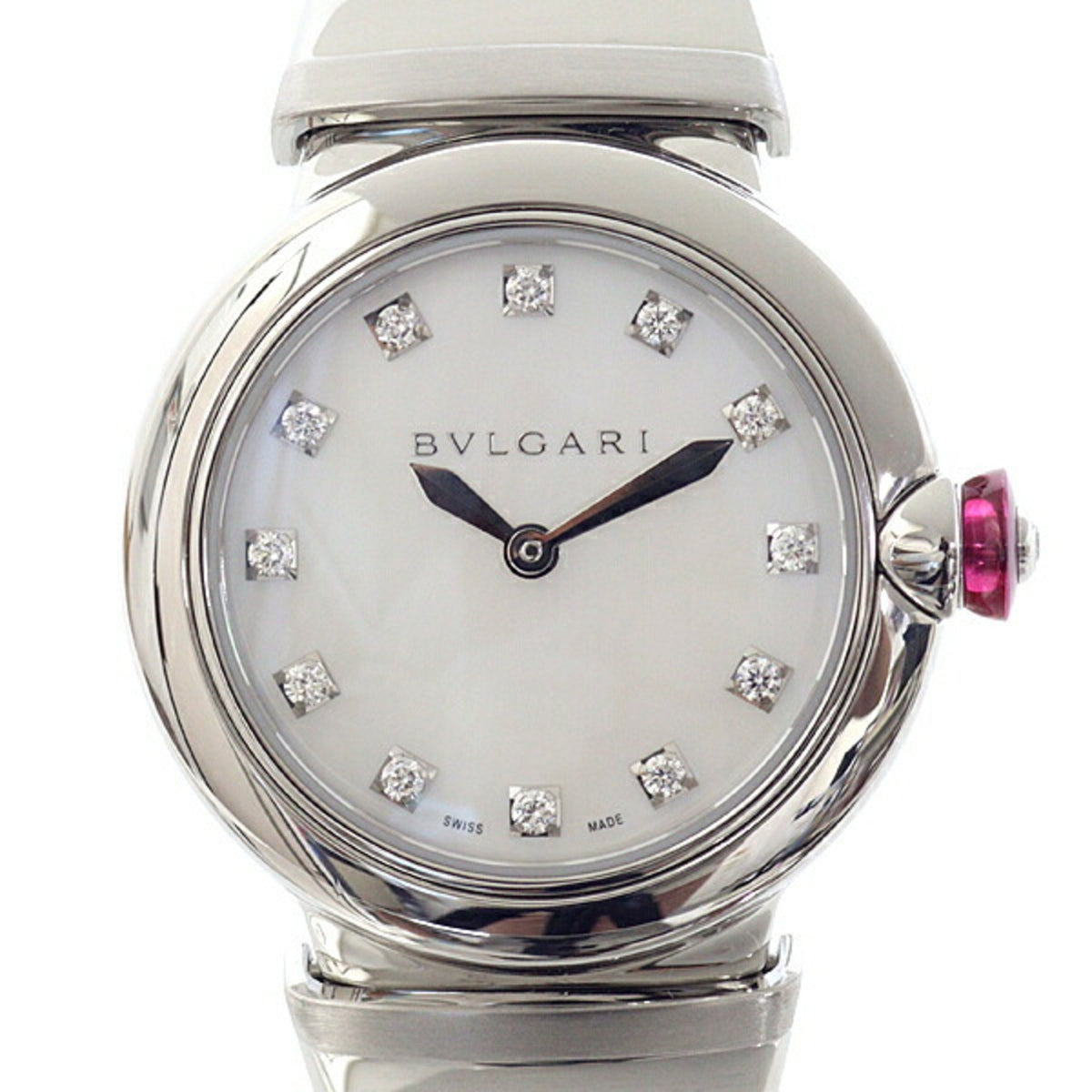 Gebrauchte BVLGARI Bvlgari Damenuhr Lucea LU28S Weißes Muschelzifferblatt Diamantquarz-Finish 