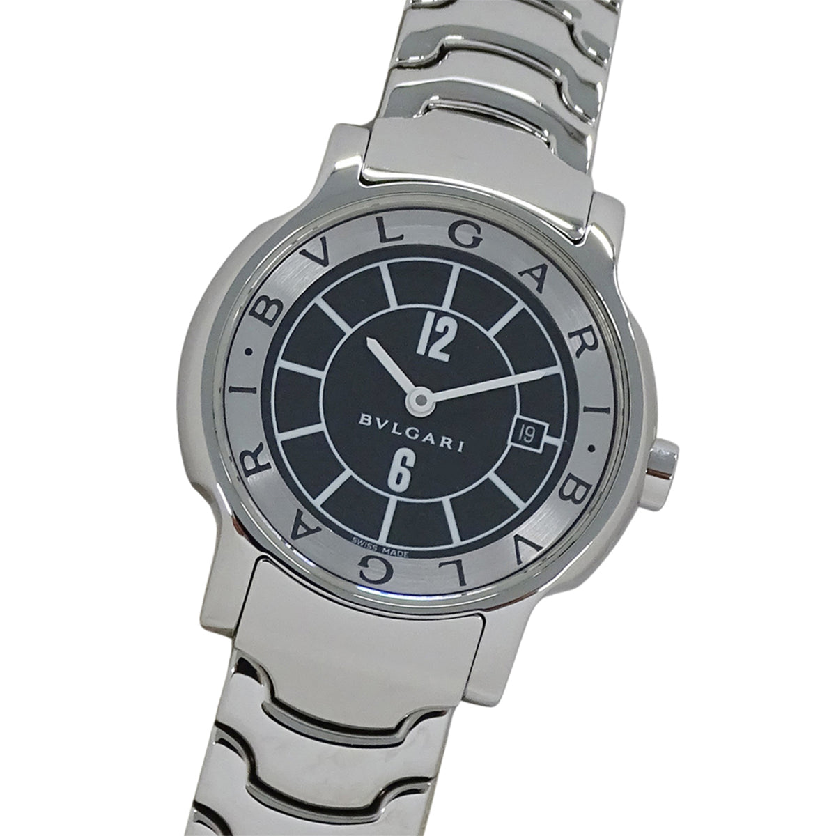 Pre-Owned Bvlgari Solotempo Women's Watch with Date, Quartz Movement, Stainless Steel, ST29S, Silver/Black, Polished
