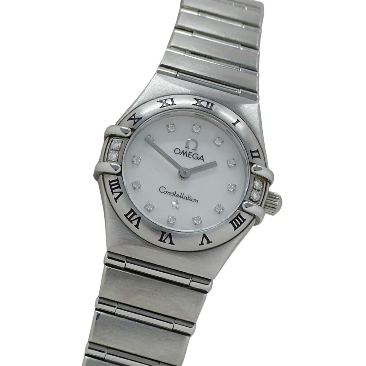 Gebrauchte OMEGA Constellation Mini 1567.76 Uhr für Damen, 12P-Lünette, Diamant, weißes Gehäuse, Quarz, Edelstahl, SS, Silber, poliert 