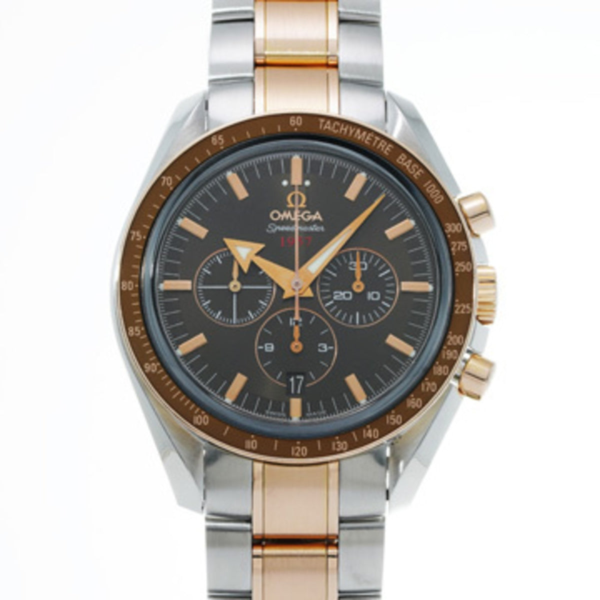 Gebrauchte Omega Speedmaster Broad Arrow 1957 50. 321.90.42.50.13.001 Braune Herrenuhr Automatik 