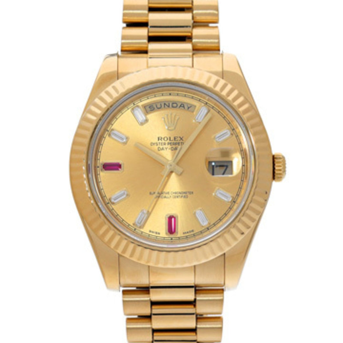 Gebrauchte Rolex Day-Date II 218238BG, zufällige Seriennummer, Champagner/Diamant/Rubin, Herrenuhr, Automatik 