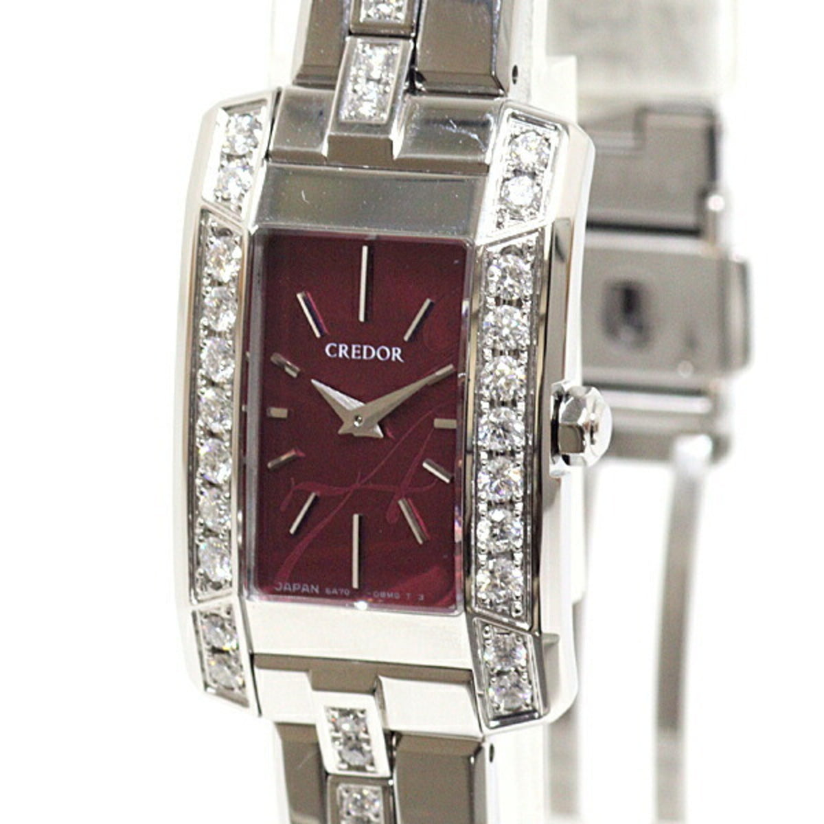 Gebrauchte SEIKO Damenuhr Credor Node 5A70-0AY0 Diamant Bordeaux Zifferblatt Quarz 
