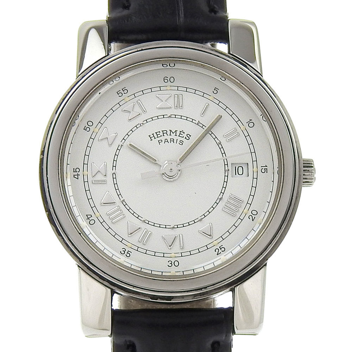 Gebrauchte Hermes HERMES Carrick Uhr Edelstahl x geprägtes Leder Quarz Analoganzeige weißes Zifferblatt Damen H210624616 