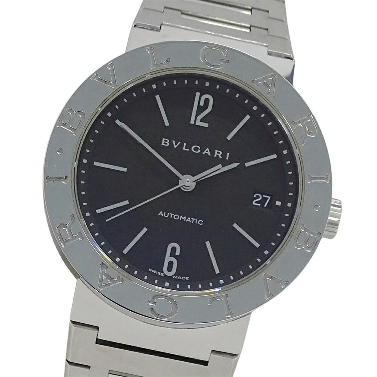 Pre-Owned BVLGARI Men's Date Automatic Watch, Stainless Steel, AT, SS, BB38SS, Silver/Black, Round, Polished