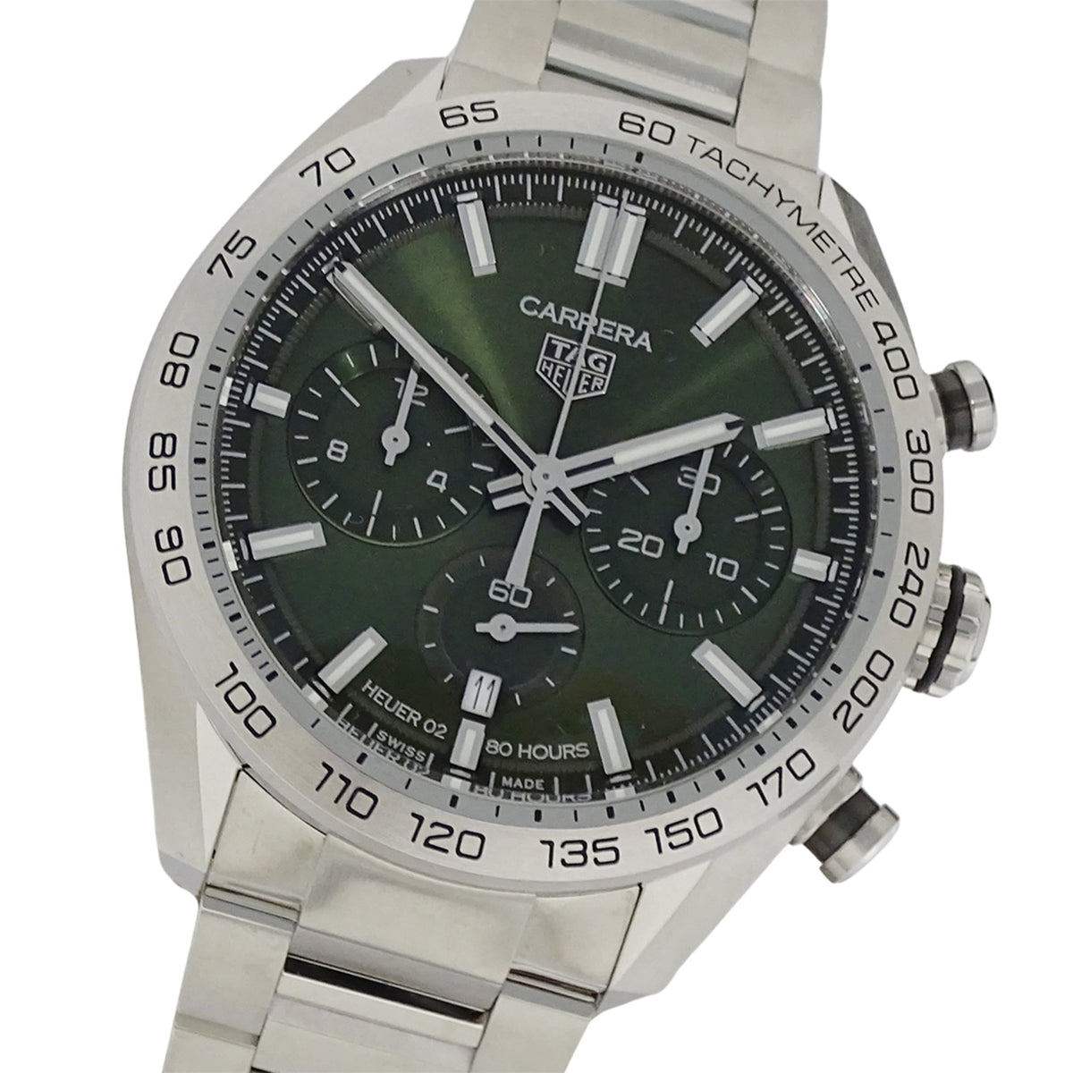 Pre-Owned TAG Heuer Carrera Calibre 02 CBN2A10 BA0643 Men's Watch, Brand Name, Sport Chronograph, Automatic, Stainless Steel (SS), Silver/Green, Open Caseback