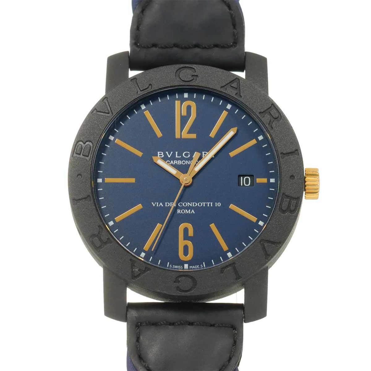 Pre-Owned BVLGARI Carbon Gold BB40CL Men's Watch with Date, Blue, Automatic Movement