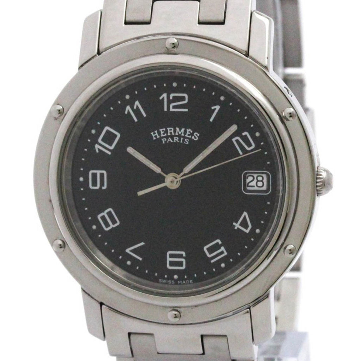Pre-Owned HERMES Clipper Stainless Steel Quartz Mens Watch CL6.710 Polished