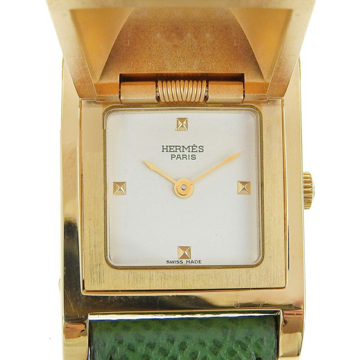 Gebrauchte Hermes HERMES Medor Uhr vergoldet x Leder 1994 Grün ?X Quarz Analoganzeige weißes Zifferblatt Damen 