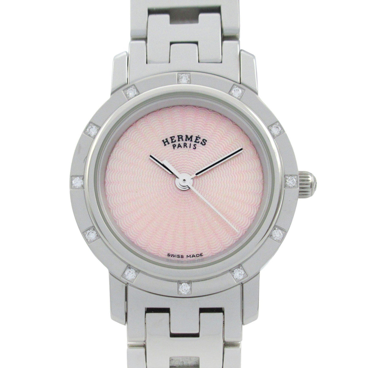 Gebrauchte Hermes Clipper Nacle 12P Diamantuhr Edelstahl Damen Rosa Schale CL4.230 