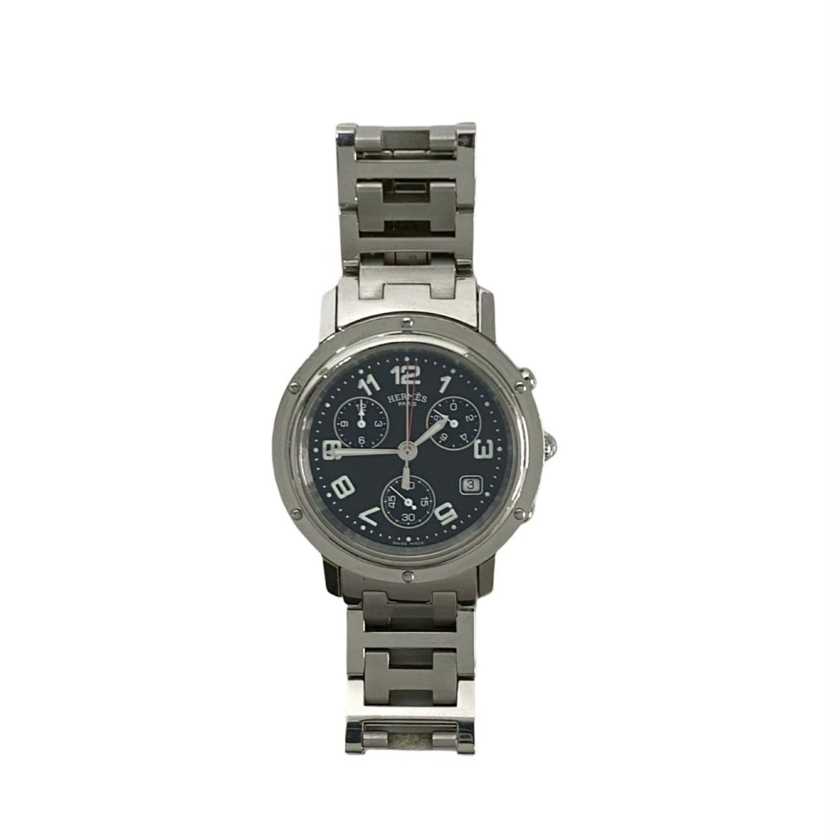 Pre-Owned HERMES Clipper Stainless Steel Quartz Watch for Men, Silver and Black, 30838