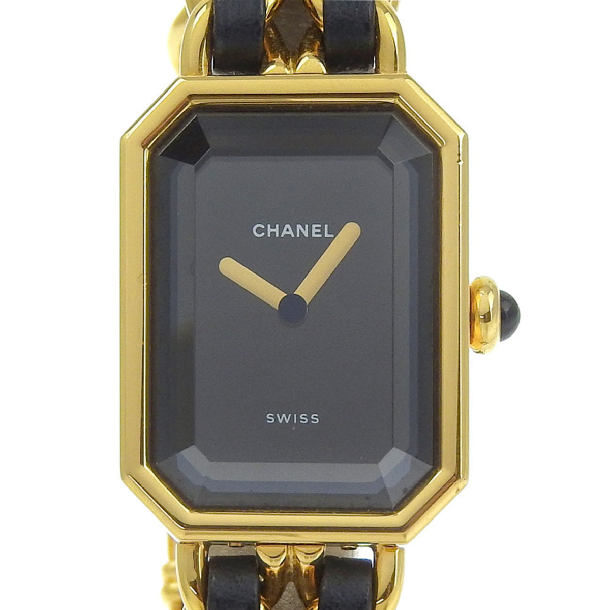 Gebrauchte CHANEL Premiere L Uhr H0001 vergoldet x geprägtes Leder Quarz Analoganzeige schwarzes Zifferblatt Damen 