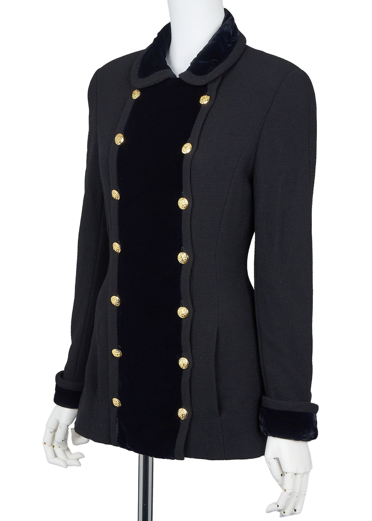 Gebrauchter Oberbekleidungsmantel, Coco-Knopf, Tweed-Samt, Schwarz, goldfarbene Hardware, gebraucht
