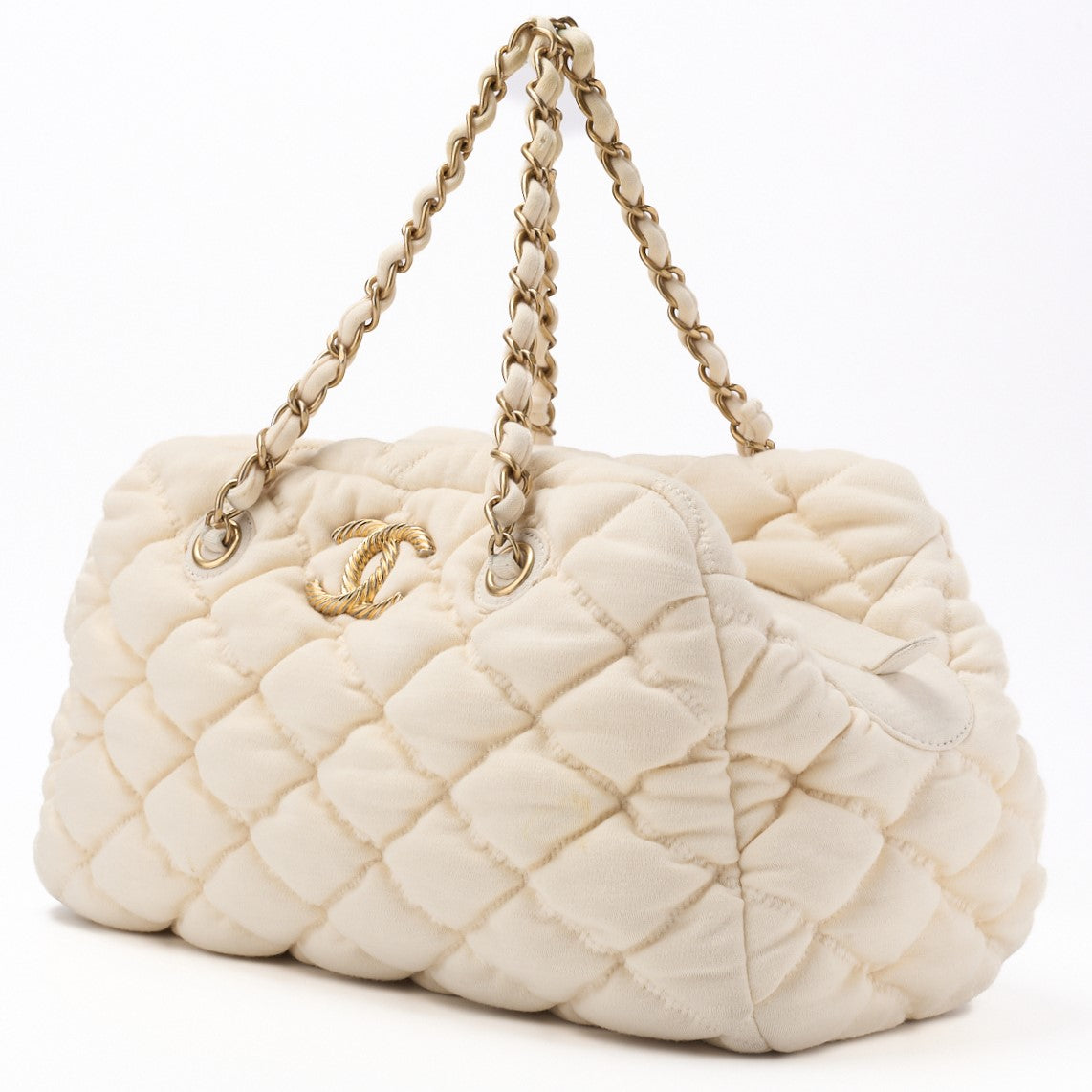 Gebrauchte Schultertasche Matelassé Bubble Quilt Baumwolle Elfenbein Goldfarbene Hardware Gebraucht