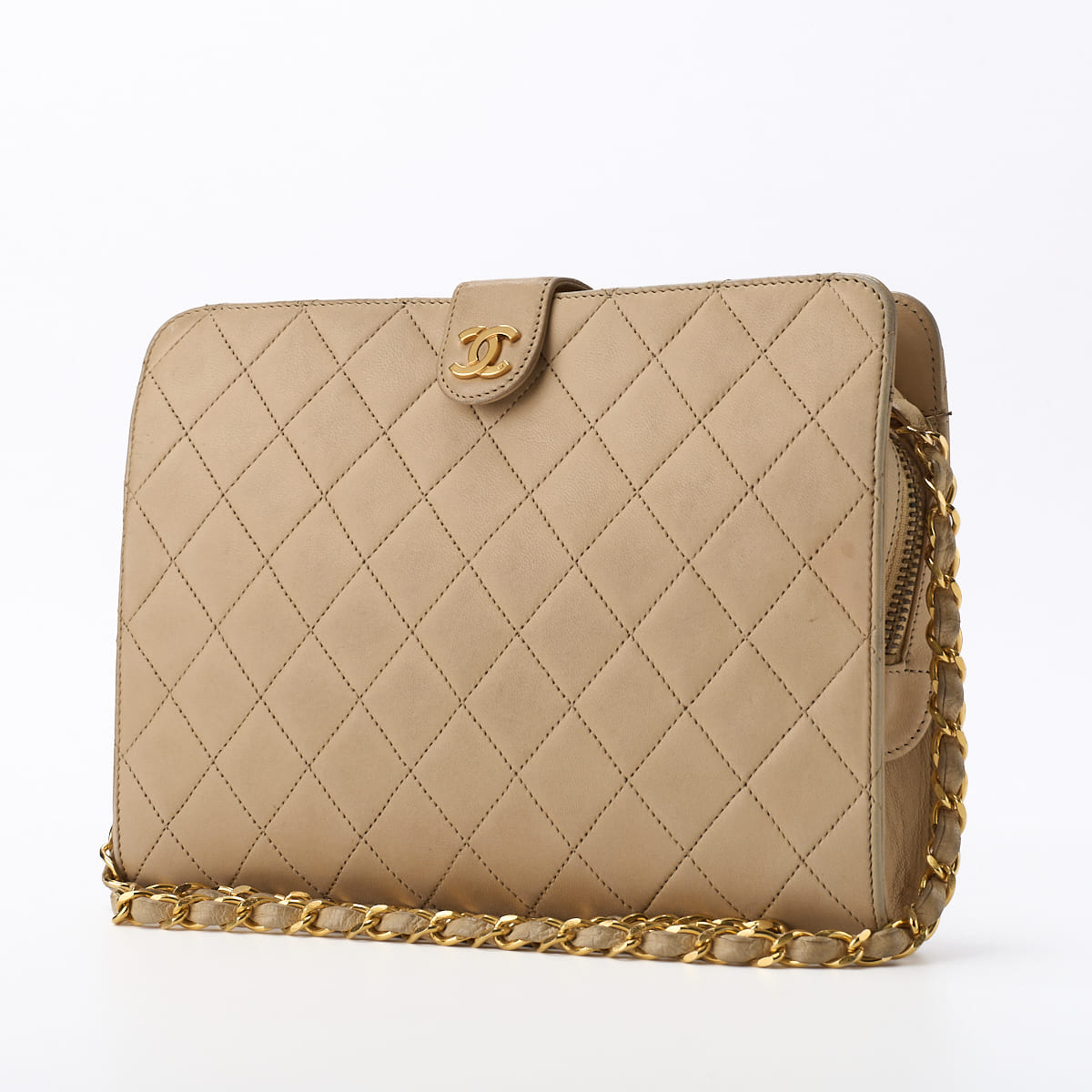 Pre-Owned Schultertasche Matelasse Push Lock Kette Schulter Lammleder Beige Gold-Ton Hardware Pre-Owned