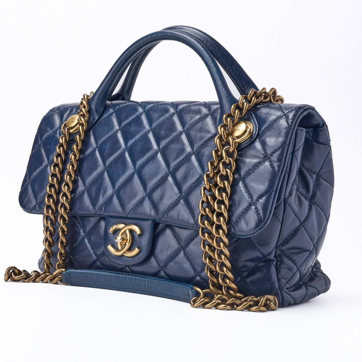 Pre-Owned Schultertasche Matelassé 2WAY Vintage Calf Blau Goldfarbene Hardware Pre-Owned