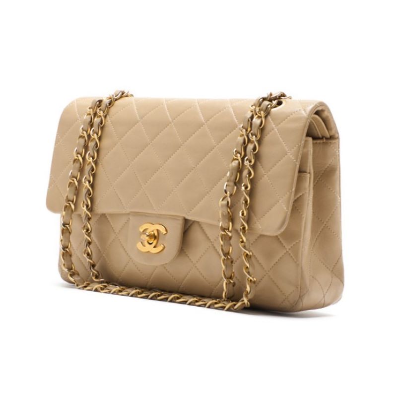 Pre-Owned Umhängetasche Matelassé Doppelklappe Kette Schulter Lammleder Beige Goldfarbene Hardware Pre-Owned