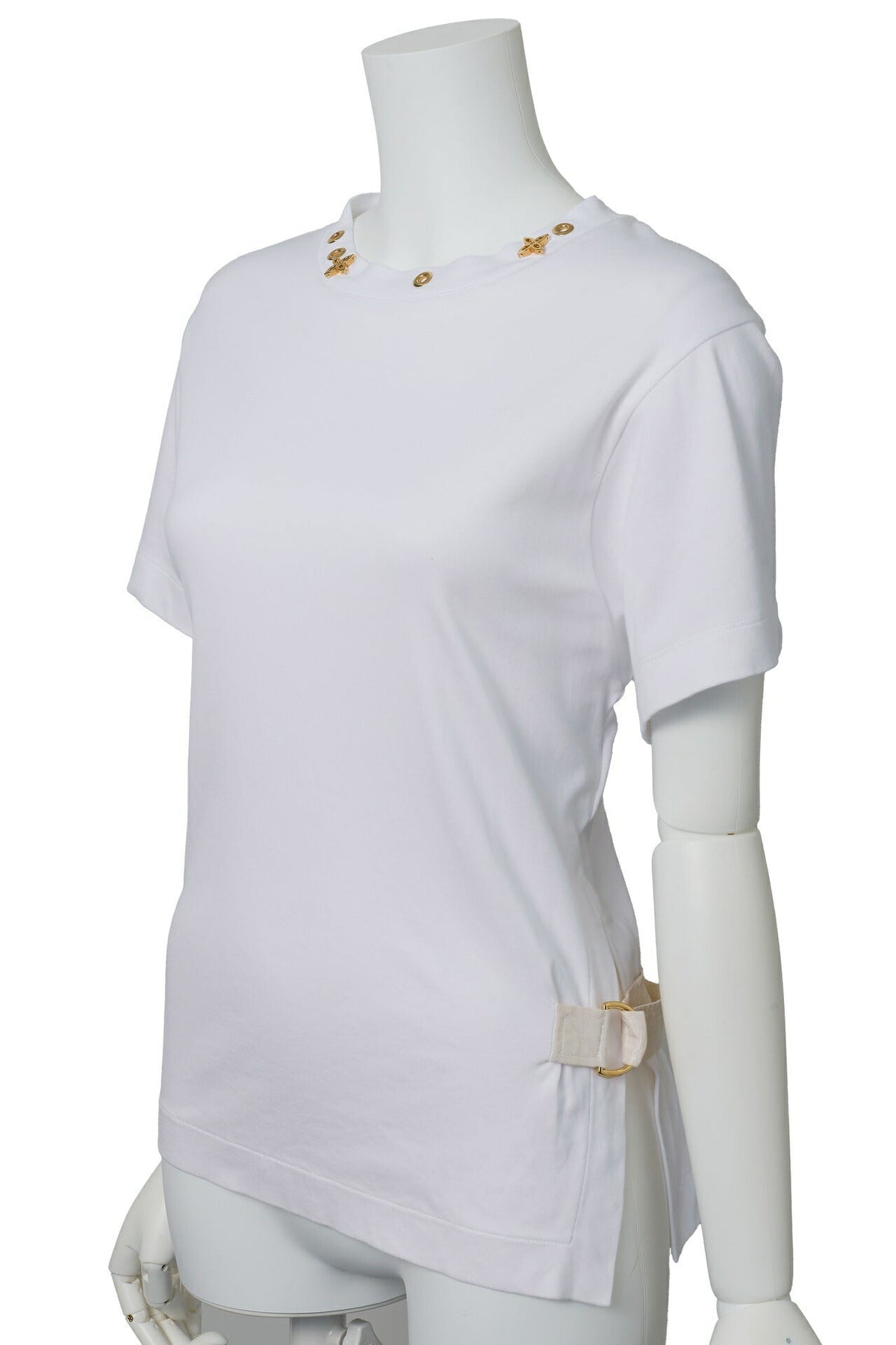 Pre-Owned Vuitton T-Shirt, Seitenriemen mit Nieten, Baumwolle, Weiß, Goldfarbene Metallteile, Pre-Owned