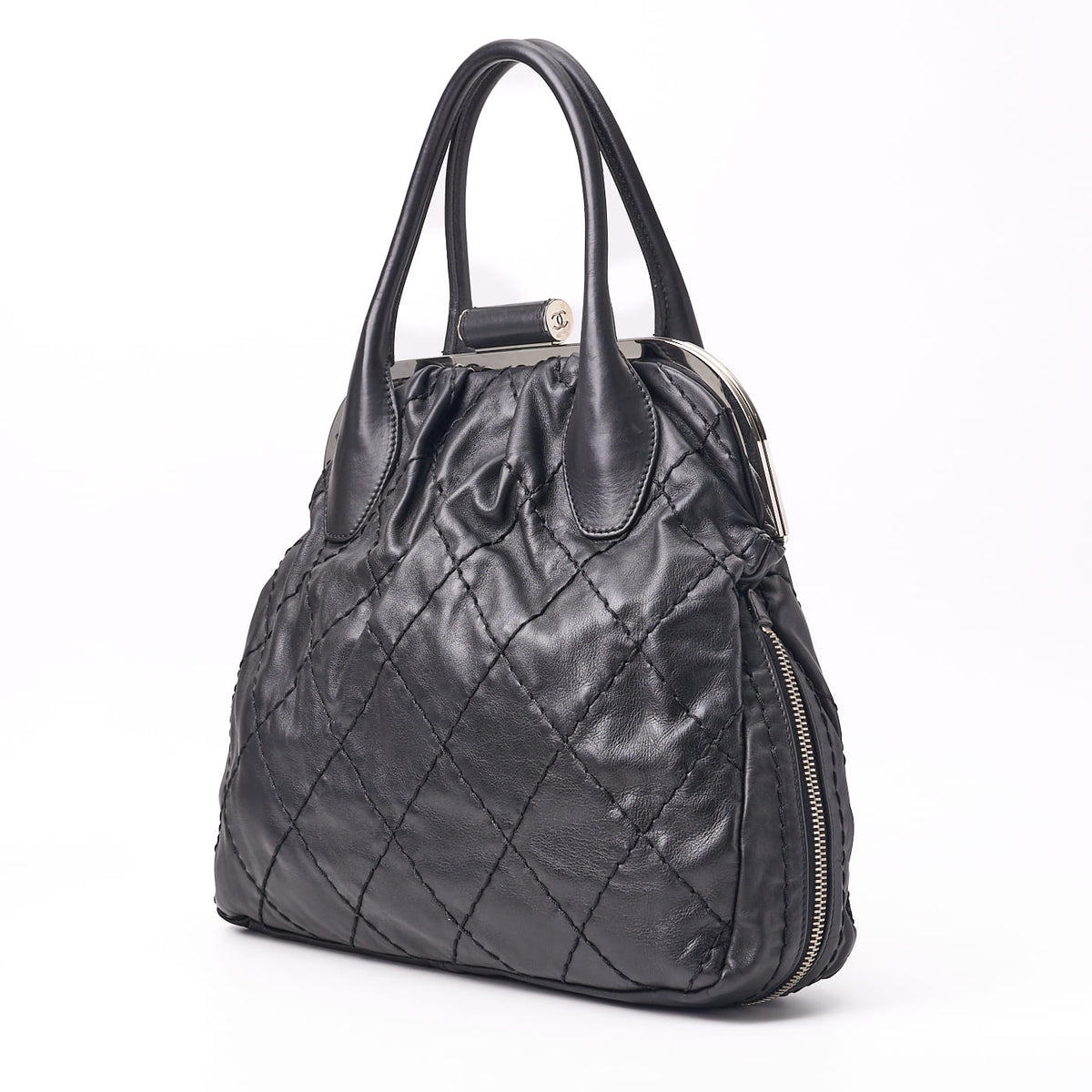 Gebrauchte Tragetasche Gamaguchi Wild Stitch Kalbsleder Schwarz Silberfarbene Hardware Gebraucht